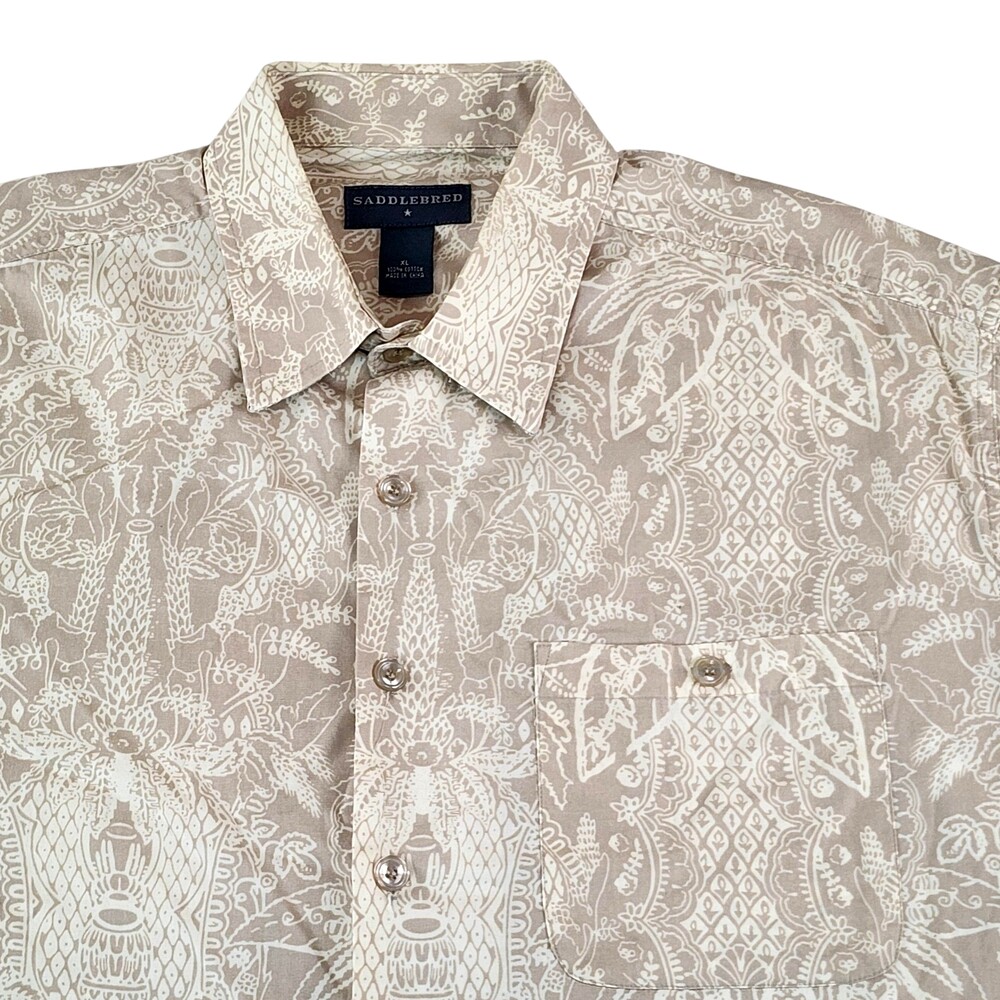 Saddlebred Shirt Mens XL Beige Floral Short Sleeve Button Up Neutral Hawaiian